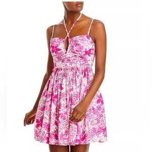 AQUA Floral Print Halter Mini Dress. Pink & White Casual Vacation knee length